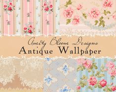 an assortment of vintage wallpapers with pink and blue flowers