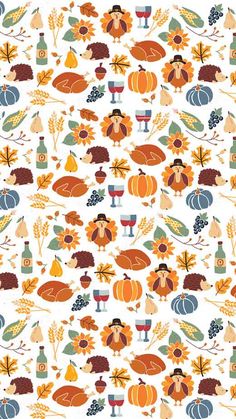 a thanksgiving pattern with turkeys, pumpkins and wine glasses