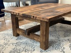 a wooden table sitting on top of a rug