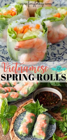 shrimp spring rolls with dipping sauce on the side and an image of lettuce wrapped in