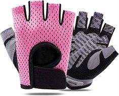 a pair of pink and grey cycling gloves with black accents on the front, two hands