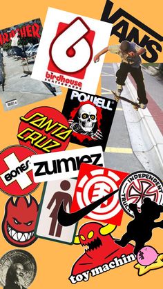 various skateboard stickers and decals are arranged on a yellow background with an image of a man riding a skateboard