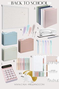 the back to school items are arranged in pastel colors and include notebooks, pens, pencils, paper clips, markers, and more