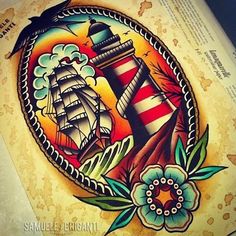 an artistic tattoo design with a lighthouse and flowers on the cover of a magazine or book