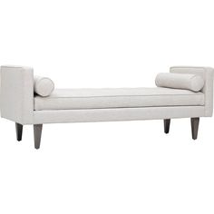 an upholstered bench with two pillows on it's back and legs, against a white background