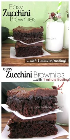 chocolate zucchini brownies stacked on top of each other with milk in the background