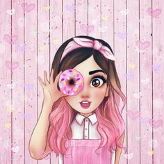 a girl with pink hair holding a donut in front of her face