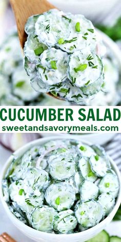 cucumber salad in a white bowl with a wooden spoon full of cucumbers