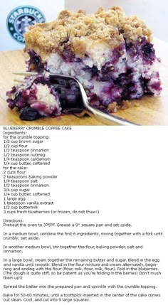 blueberry crumble cake recipe on a wooden cutting board