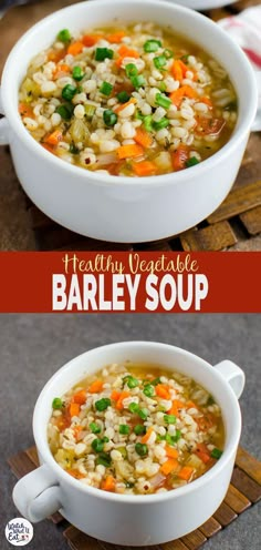 two pictures of barley soup with carrots and peas