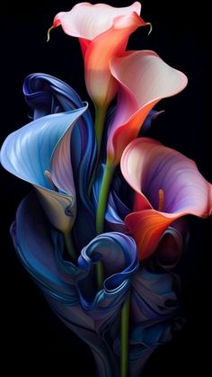 three colorful flowers are in the middle of a black background and one flower has long, thin petals