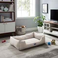 a dog bed in the middle of a living room with a tv and bookshelf