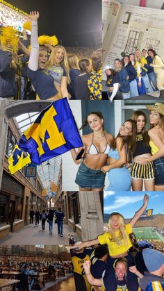 the collage shows many different pictures of people in sports uniforms and cheerleaders