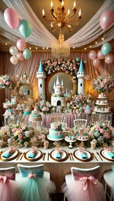 a table topped with lots of cakes and desserts next to a chandelier