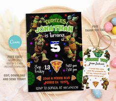 an image of teenage mutant birthday party with free printables on the front and back