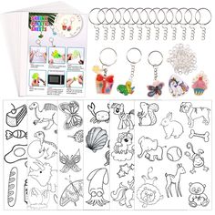 several different coloring pages and key chains for children to draw with their own hands, including an assortment of animal themed items