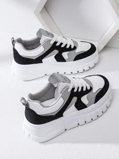 Shein Shoes, Skater Shoes, Black And White Sneakers, Black And White Shoes, White Sneakers Women