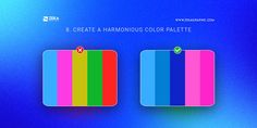 two square buttons with different colors on each one and the words 8 create harmons color palette