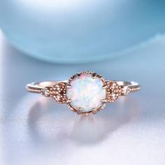 Dainty Opal Ring Rose Gold Opal Ring White Opal Ring 14K | Etsy Vintage Opal Round Rings, Formal Opal Birthstone Ring, Elegant Opal Ring With Center Stone, Anniversary Opal Birthstone Ring, Solitaire Opal Ring In Round Shape, Round Solitaire Opal Ring, Solitaire Opal Ring With Round Shape, Vintage Opal Wedding Ring Birthstone, Vintage Opal Wedding Ring As Birthstone