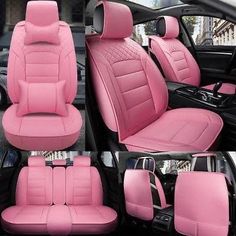 the interior of a car with pink leather and black trimmings, including two front seats