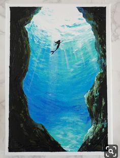 a painting of a person swimming in the ocean from an underwater cave with sunlight coming through