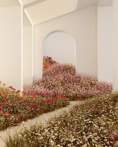 an art installation with flowers growing on the walls and in the ground, surrounded by arches