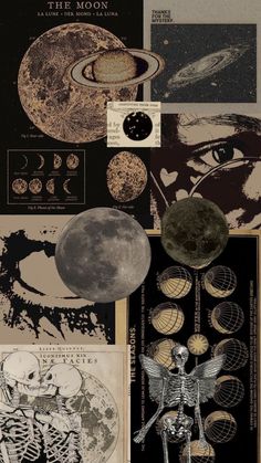 a collage of different images with the moon and other things in them on display