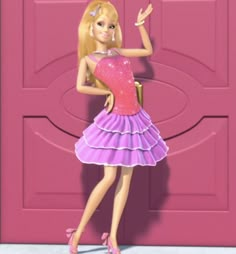 a barbie doll standing in front of a pink door