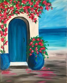 a painting of red flowers in front of a blue door and potted plants on the beach