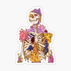 a skeleton with flowers on its chest sticker