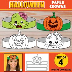 halloween paper crowns for kids with pumpkins and ghost faces on them, set of 4