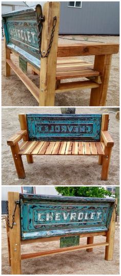 two different pictures of a bench made out of wood and metal with the words chevrolet painted on it