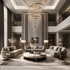 an elegant living room with chandelier and couches