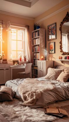 Cozy bedroom with a large window, bookshelf, desk, and bed adorned with fluffy blankets. Warm sunlight floods the room. Book Bedroom, Fall Bedroom Ideas, Cozy Rooms