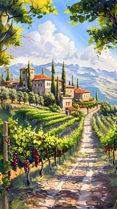 an oil painting of a road leading to a vineyard