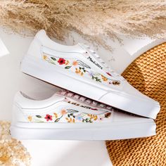 '' Wedding Embroidered Vans for Bride and Groom, Bridal Flowers Embroidered Vans Shoes, Bridal Floral Embroidery Vans Slip On Custom, Personalized Bridal Vans, Wedding Gifts ' 🍀 Price includes Converse Shoes and Floral Embroidery Designs as shown 🍀 🍀 Shoe Type: Vans 🍀 Shoe color:3. Oldskool White 1. DETAILS 🍀 You can send me your Converse, Vans, canvas shoes or I can buy them for you. Custom-ordered embroidered Vans and Converse shoes, please wait another 2-4 days. Each pair is hand embroidered to order, please make sure you put in the correct shoe size before you check out. The embroidery is meticulous and does not fade. 🍀 You will receive Vans and Converse shoes with floral embroidery designs as above. 2. PERSONAL EXPRESSION 🍀 Create your unique vibe by your own design of embroide Vans Wedding Shoes The Bride, Vans Wedding Shoes, Bridal Vans, Vans Wedding, Vans Canvas Shoes, Floral Embroidery Designs, Embroidered Vans, Wedding Shoe Ideas, Embroidered Converse