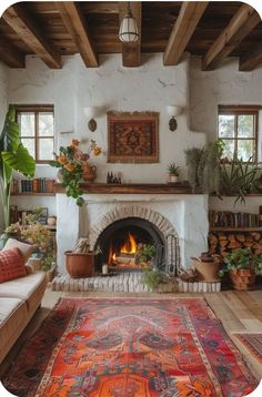 a living room with a fire place and rugs on the floor in front of it