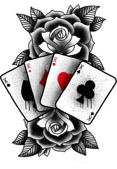 three playing cards and a rose tattoo design