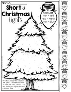 a christmas tree worksheet with the words short and christmas lights in black and white