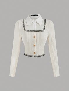 SHEIN MOD Women's Spring & Summer Turndown Collar Long Sleeve Cable Knit Patchwork Shirt,Women Polo Shirt,Work Women Shirts,Long Sleeve Shirt,Collared Women Fall Shirt,Collared Women Shirt,Button Down BlouseI discovered amazing products on SHEIN.com, come check them out! Patchwork Shirts Women, Knit Patchwork, Work Women, White Clothes, Patchwork Shirt, Fancy Tops, Shirts Long Sleeve, Fall Shirt, Turndown Collar