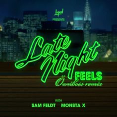 a neon sign that reads date night feels with san feldt monssta x