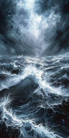 an ocean scene with dark clouds and waves