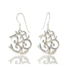 Sterling Silver Fancy Script Om Earrings Approx. Approx. 1 1/4" drop from ear Hand finished in Thailand Om Earrings, Fancy Script, Thailand, Sterling Silver, Beads, Silver