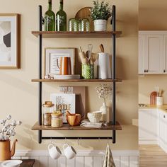 the shelves in this kitchen are filled with various items