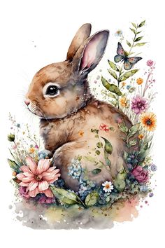 a watercolor painting of a rabbit surrounded by flowers