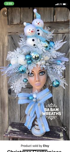 a mannequin head with blue and white ornaments on it