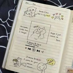 an open notebook with doodles on it and pictures of animals in the pages next to each other