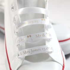 Add a personal touch to your special footwear with our gorgeous personalised  laces! Each pair is personalised with your own names and dates as shown, continuously along the length of the lace. made from quality double sided satin ribbon and finished on the ends for easy threading. Simply choose your lace and print colour from the drop down menu's and leave the details required for printing in the personalisation section or note to seller section at checkout. One pair (2 laces) will be provided. Converse Rose Gold, Shoe Insoles, Personalised Wedding, Champagne Glasses, Running Shoes Sneakers, Metallic Colors, Organza Bags, Satin Ribbon, Personalized Wedding