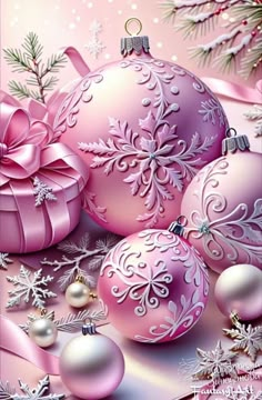 pink christmas balls and bows with snowflakes