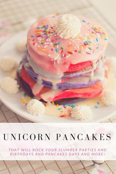 the cover of unicorn pancakes with sprinkles on top